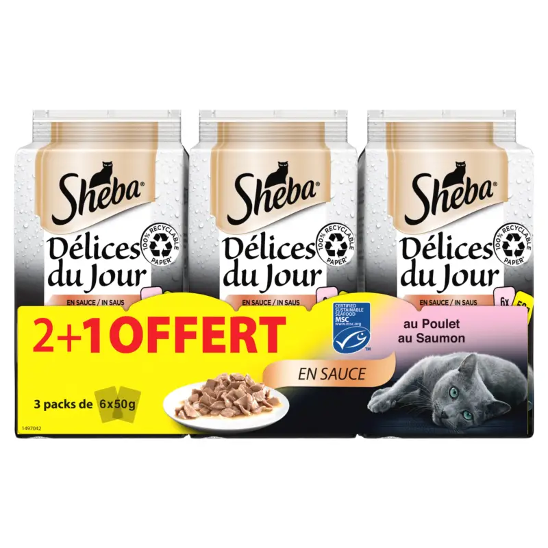 Quantité Limitée Sheba – Sachets fra&icirc;cheur D&eacute;lices en sauce 2 vari&eacute;t&eacute;s pour Chats – 3x6x50g 2+1 Offert