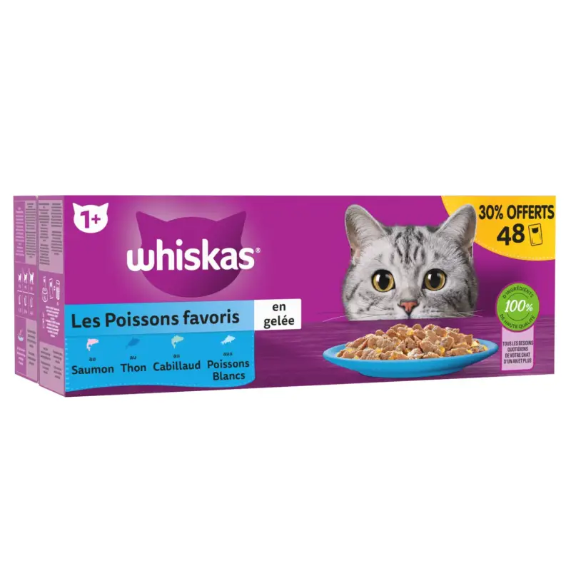 Whiskas – Sachets Fra&icirc;cheur Les Poissons favoris en Gel&eacute;e pour Chats – 48x85g 30% offerts Petit Prix