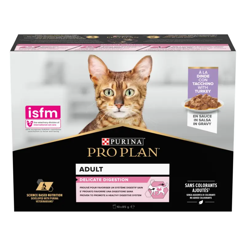 Vente Directe Pro Plan – Pochons Adulte Delicate Digestion Dinde en Sauce pour chat adulte – 10x85g