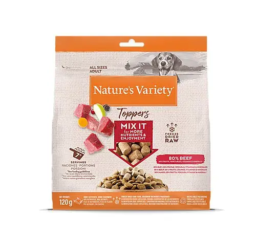 Haute Qualité Nature's Variety – Bouch&eacute;es Toppers Freeze au B&oelig;uf pour Chiens – 120g