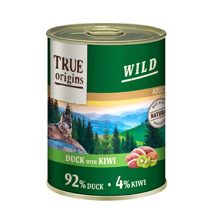 Dernier Modèle True Origins Wild – P&acirc;t&eacute;e au Canard & Kiwi pour Chiens Adultes – 400G