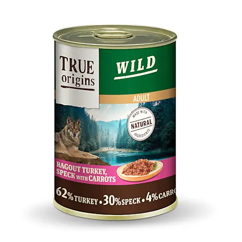Prix Cassé True Origins Wild – Ragout &agrave; la Dinde, Speck & Carottes pour Chiens Adultes – 400G