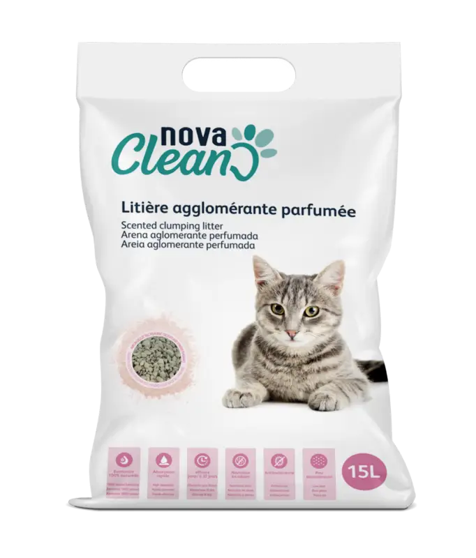 Nova Clean – Liti&egrave;re Agglom&eacute;rante Parfum&eacute;e Poudre de B&eacute;b&eacute; pour Chats – 15L Offre Spéciale