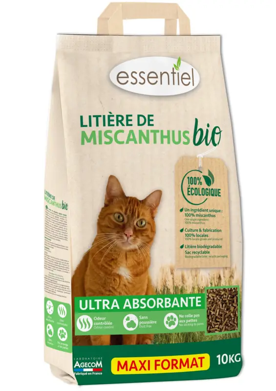 Essentiel – Liti&egrave;re Miscanthus pour Chats – 10Kg Bon Plan