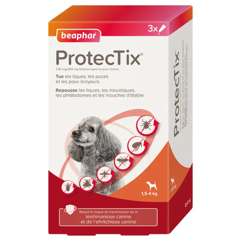 Beaphar – ProtecTix 40 mg/200 mg Solution Spot-on pour Chiens Jusqu&rsquo;&agrave; 4kg- 3×0,4 ml Nouvel Arrivage