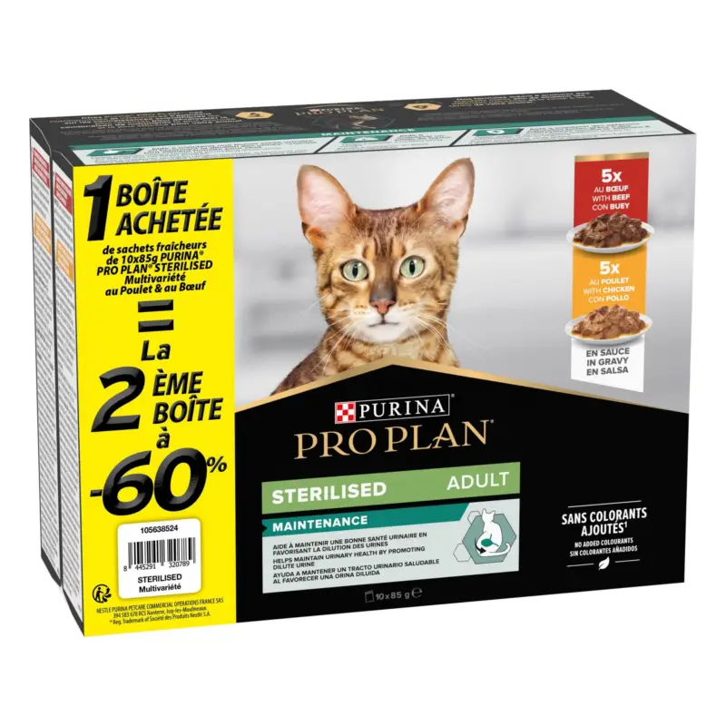 Usine Directe Pro Plan – Pochons Adulte St&eacute;rilis&eacute; Boeuf Poulet- 10x85g la 2&egrave;me &agrave; -60%