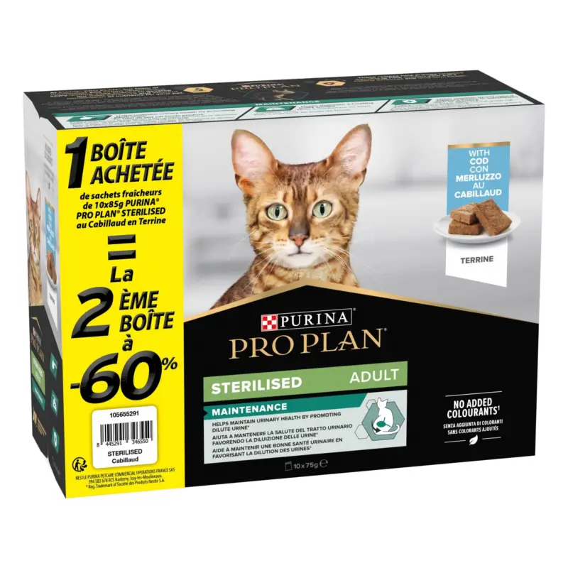 Pro Plan – Repas Adult Sterilised Maintenance Terrine Cabillaud – 10x75g la 2&egrave;me &agrave; -60% Réduction