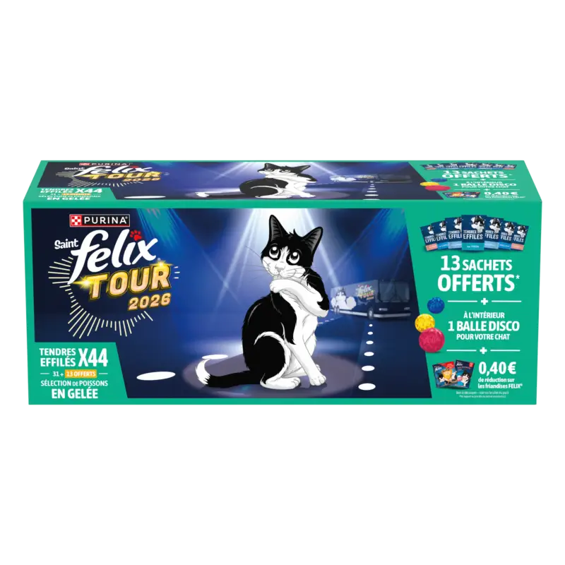 Felix – Tendres Effil&eacute;s en Gel&eacute;e S&eacute;lection De Poissons Pour Chats Adultes – 44x85g (31+13 Offerts) Satisfait Ou Remboursé
