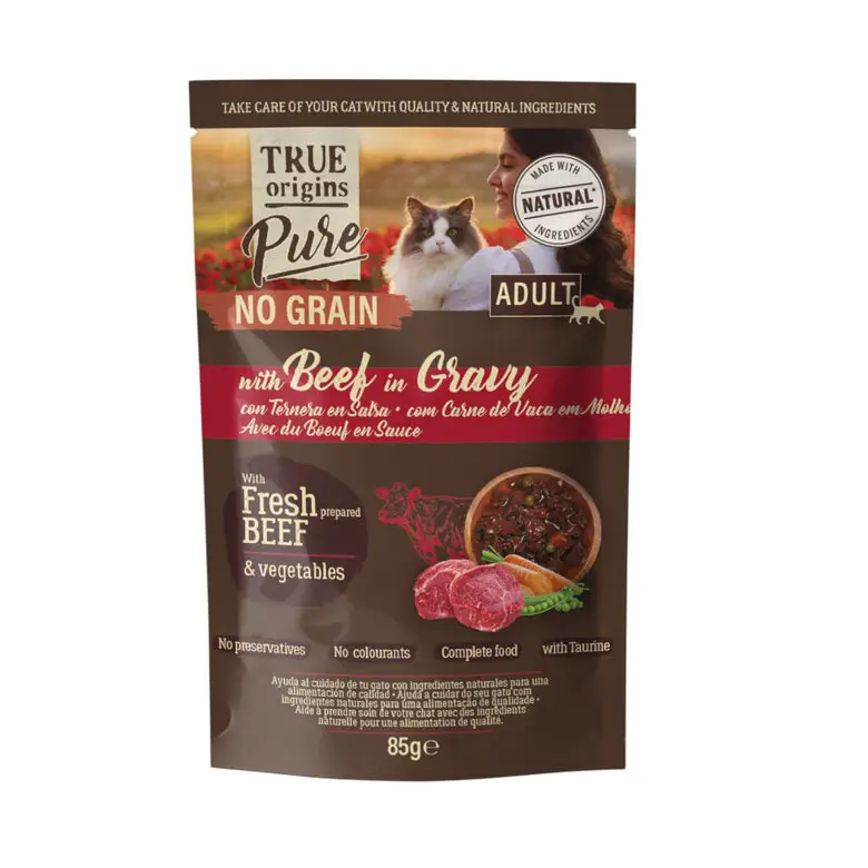 Dernier Modèle True Origins Pure – B&oelig;uf en Sauce P&acirc;t&eacute;e sans C&eacute;r&eacute;ales pour Chat Adulte – 85g