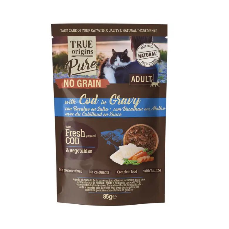 Petit Prix True Origins Pure – P&acirc;t&eacute;e en Sauce au Cabillaud Sans C&eacute;r&eacute;ales pour Chats Adultes – 85g