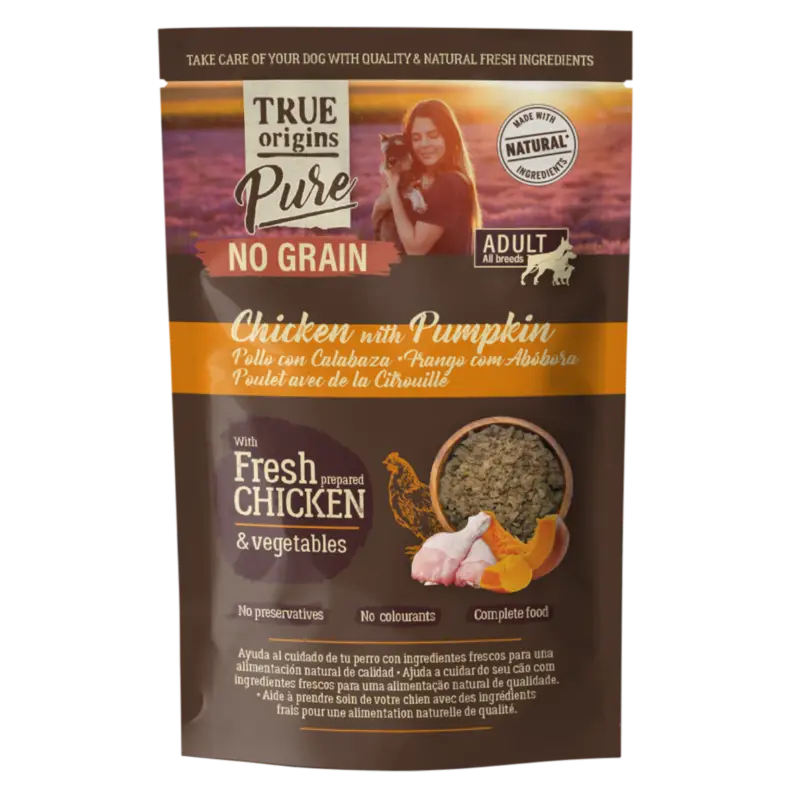 True Origins Pure – P&acirc;t&eacute;e sans C&eacute;r&eacute;ales Poulet & Citrouille pour Chiens – 300g Achetez Aujourd&rsquo;hui