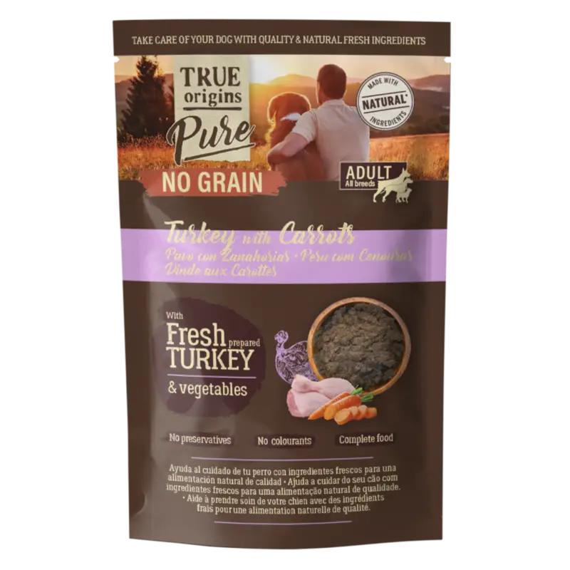 True Origins Pure – P&acirc;t&eacute;e sans C&eacute;r&eacute;ales Dinde & Carottes pour Chiens – 300g Offre Exclusive