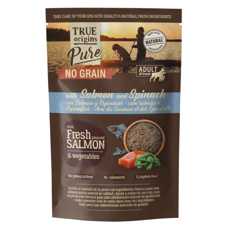 Paiement Sécurisé True Origins Pure – P&acirc;t&eacute;e sans c&eacute;r&eacute;ales Mini Saumon & &Eacute;pinards pour Chiens – 300g