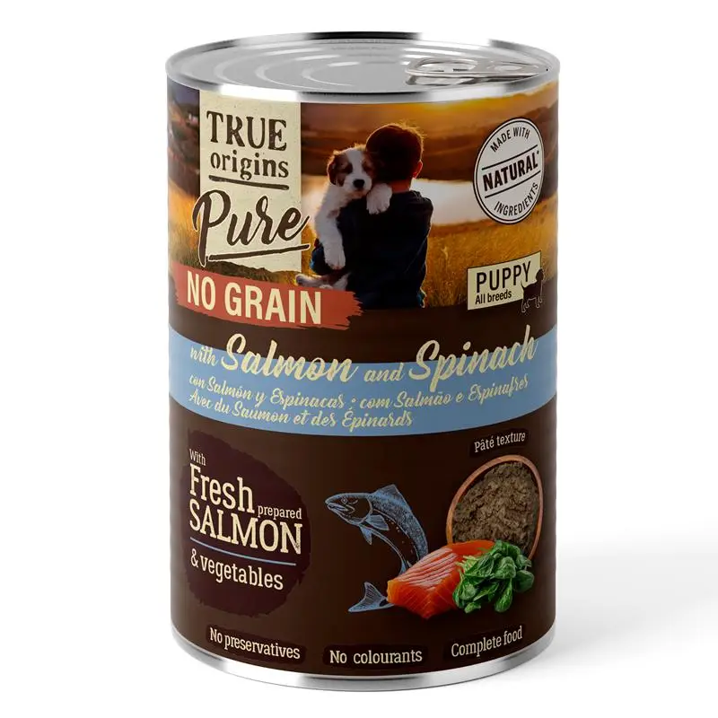 Haute Qualité True Origins Pure – P&acirc;t&eacute;e Saumon et Epinards pour Chiots – 400g