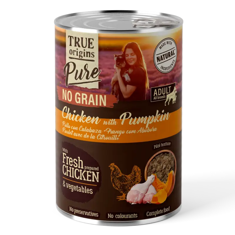 True Origins Pure – P&acirc;t&eacute;e au Poulet & Courge pour Chienss Adultes – 400g Achetez Aujourd&rsquo;hui
