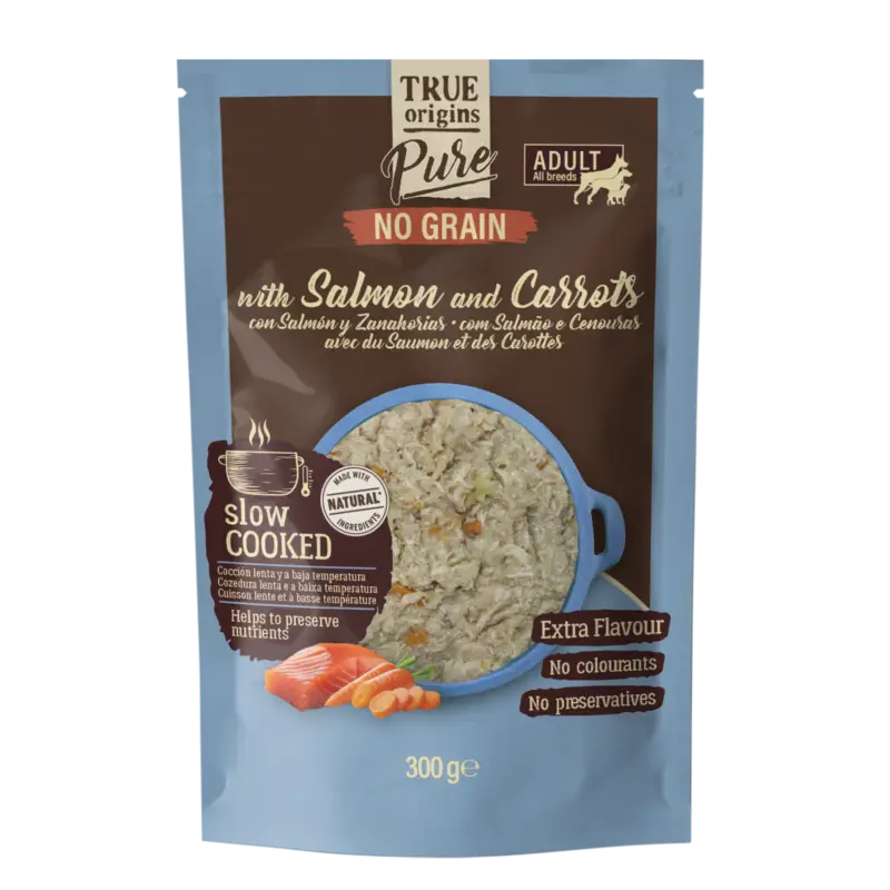 Certifié True Origins Pure – Repas Sachet Fra&icirc;cheur « Slow Cooked » Saumon & Carottes pour Chiens Adultes – 300g