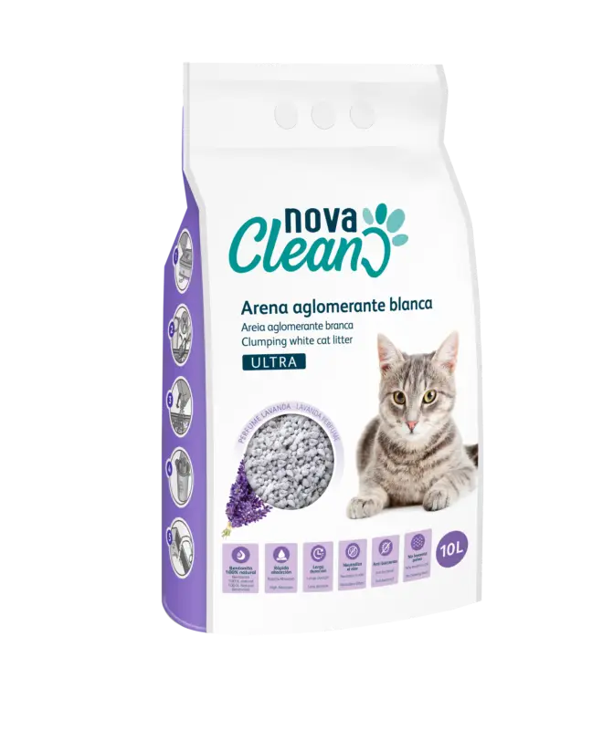 Expédié Aujourd&rsquo;hui Nova Clean – Liti&egrave;re Agglom&eacute;rante Blanche Parfum Lavande Ultra Absorbante pour Chats – 10L