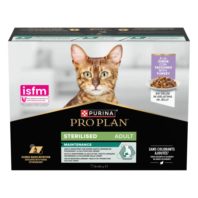 Pro Plan – P&acirc;t&eacute;e en Gel&eacute;e Adult Sterilised Maintenance Dinde pour Chats – 10x85g Achat Immédiat