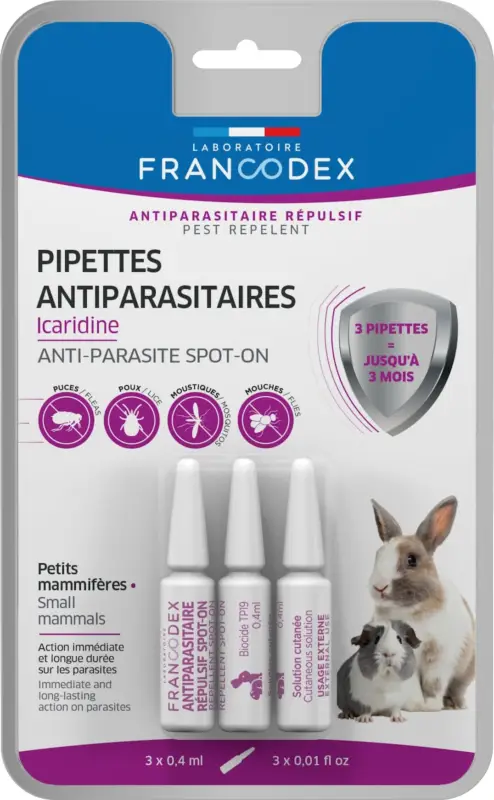 Francodex – Pipettes Icardine Antiparasitaires pour Petits Mammif&egrave;res – x3 Vente Directe