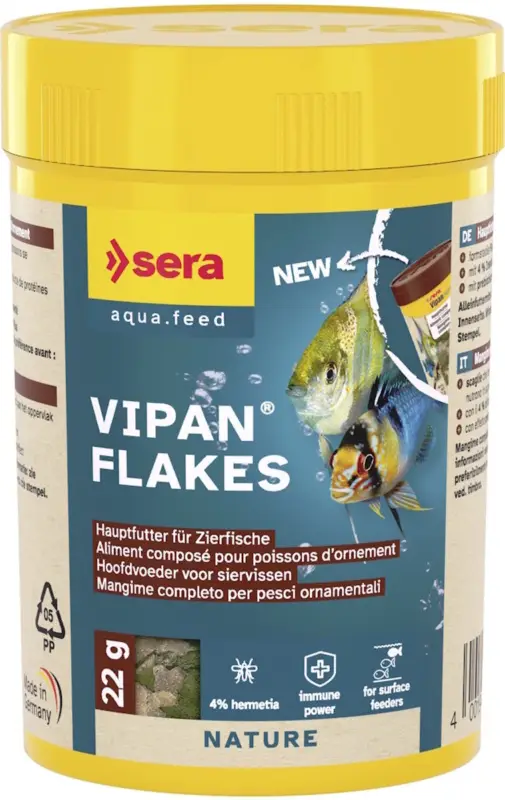 Nouvelle Collection Sera – Flocons Vipan Flakes Nature pour Poissons d'Ornement – 22g/100ml
