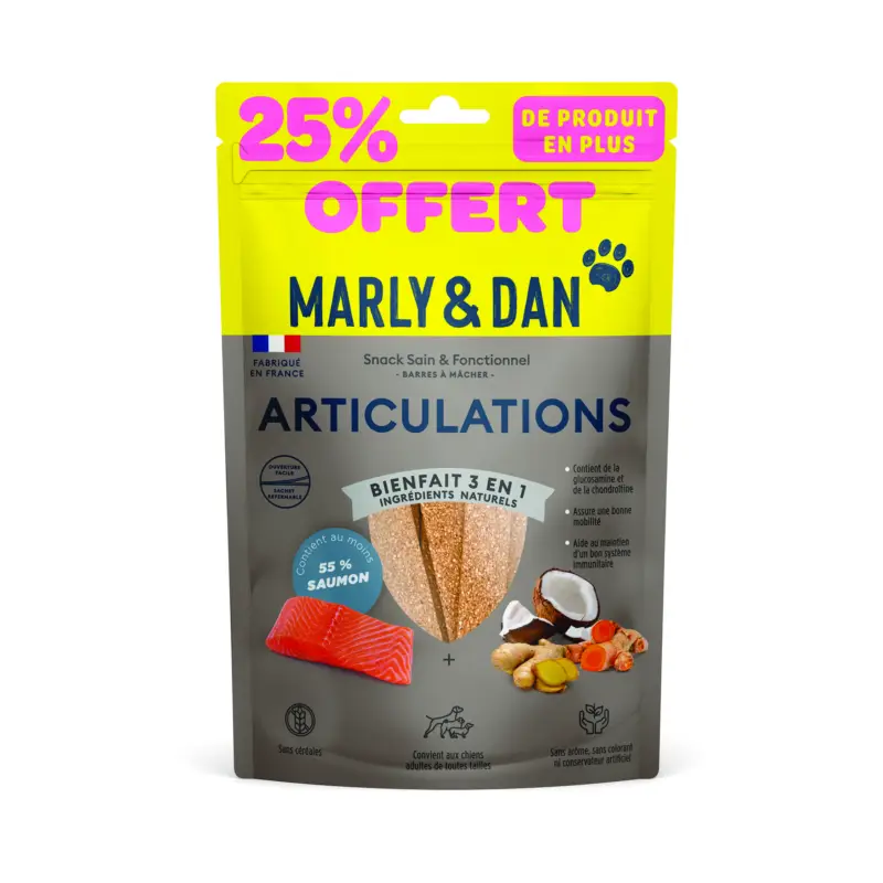 Certifié Marly & Dan – Friandises &agrave; M&acirc;cher Articulations au Saumon pour Chiens – 100g