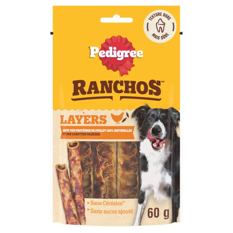 Nouvelle Collection Pedigree – Friandises RANCHOS Layers au Poulet et aux Carottes pour Chiens – 60g