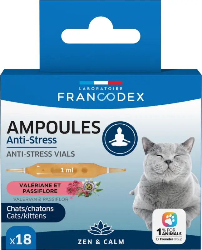Paiement Sécurisé Francodex – Ampoules Anti-Stress Zen & Calme pour Chats et Chatons – 18x1ml