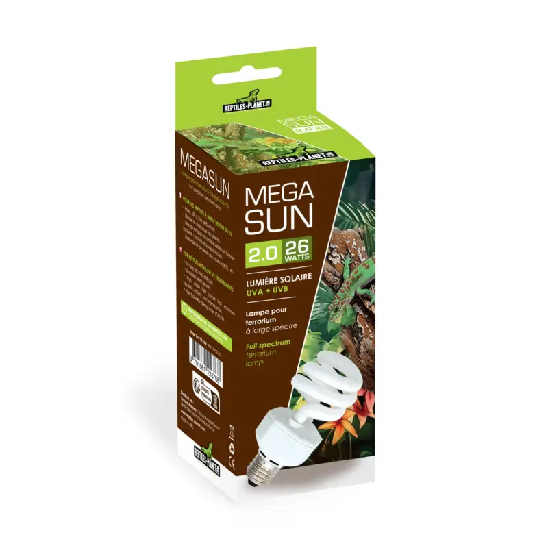 Reptiles Planet – Lumi&egrave;re Solaire UVB Megasun 2.0 pour Reptiles – 26W Usine Directe
