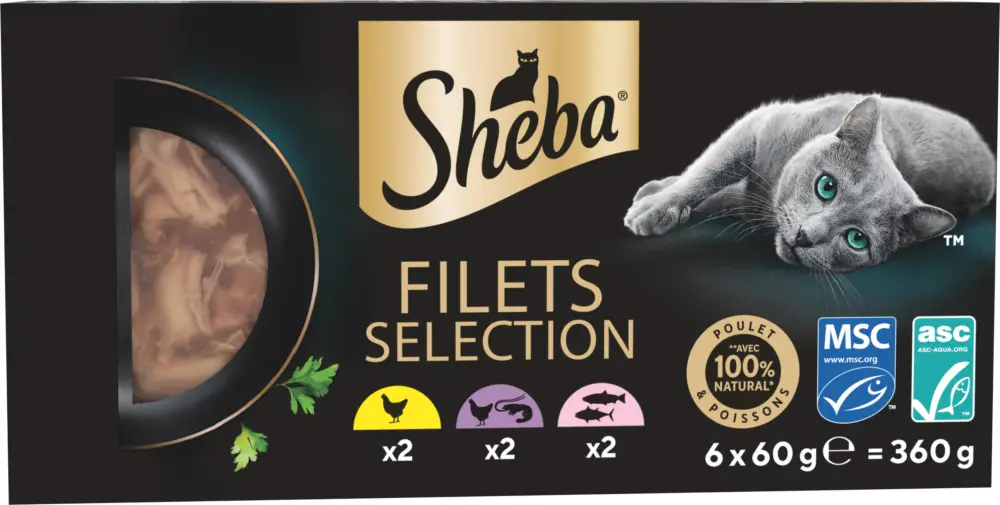 Vente Directe Sheba – P&acirc;t&eacute;e Multipack Filets Selection Poulet et Poissons pour Chats – 6x60g