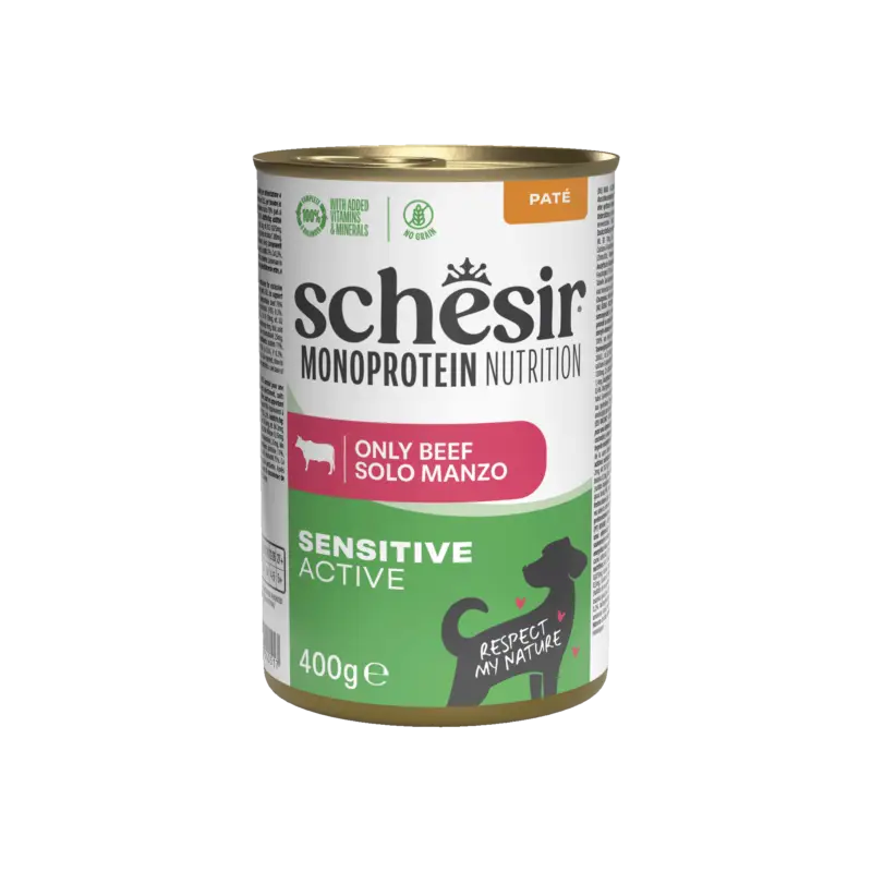 Commande En Gros Schesir – P&acirc;t&eacute;e en Barquette Monoprotein Sensitive Active B&oelig;uf pour Chiens
