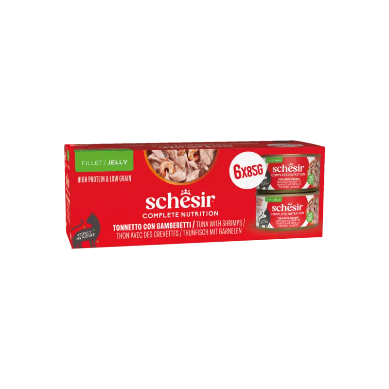 Schesir – P&acirc;t&eacute;e Complete Nutrition en Gel&eacute;e Thon et Crevettes pour Chats – 6x85g Certifié