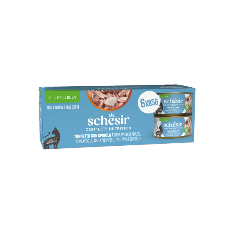 Nouveauté Schesir – P&acirc;t&eacute;e Complete Nutrition en Gel&eacute;e Thon et Bar pour Chats – 6x85g