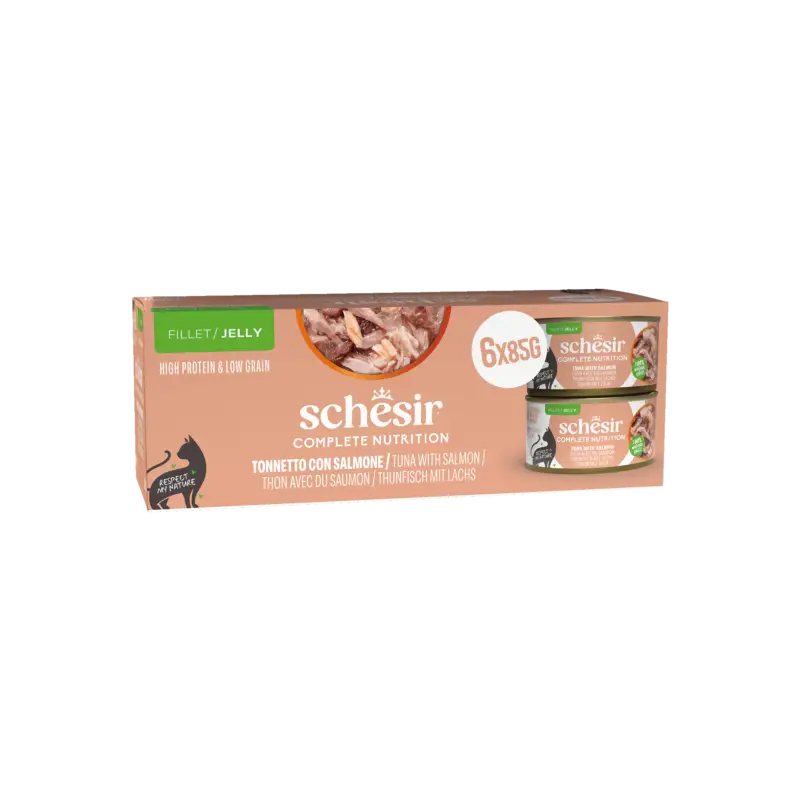 Schesir – P&acirc;t&eacute;e Complete Nutrition en Gel&eacute;e Thon et Saumon pour Chats – 6x85g Affaire À Saisir