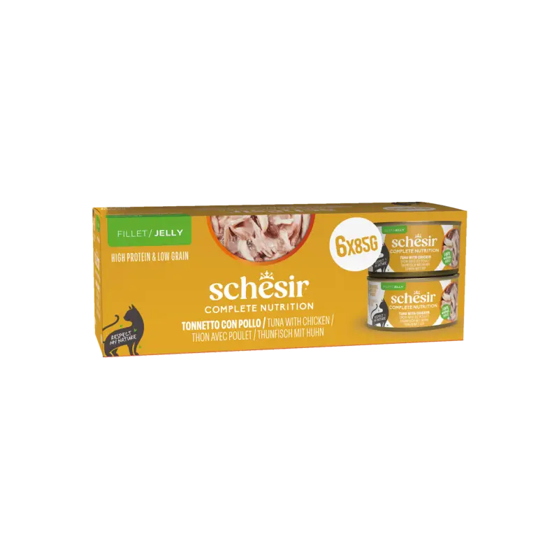 Commander Vite Schesir – P&acirc;t&eacute;e Complete Nutrition en Gel&eacute;e Thon avec Poulet pour Chats – 6x85g