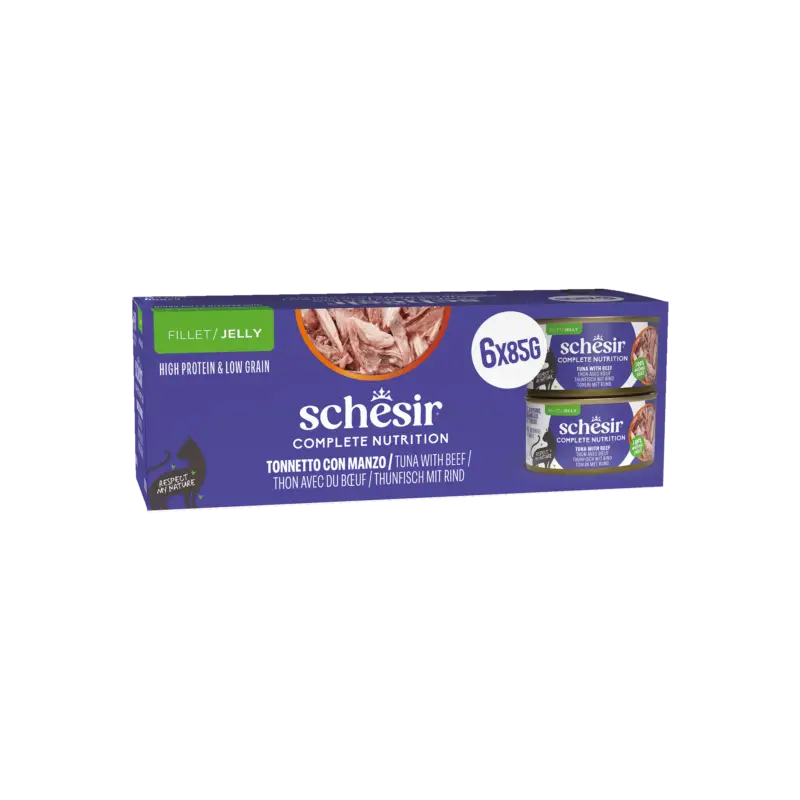 Nouvelle Collection Schesir – P&acirc;t&eacute;e Complete Nutrition en Gel&eacute;e Thon et B&oelig;uf pour Chats – 6x85g