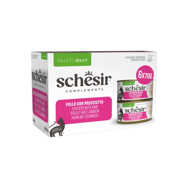 Haute Qualité Schesir – Fillet au Poulet avec du Jambon en Gel&eacute;e pour Chats – 6x70g