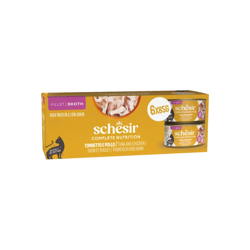 Schesir – P&acirc;t&eacute;e Complete Nutrition Bouillon Thon et Poulet pour Chats – 6x85g Offre Du Jour