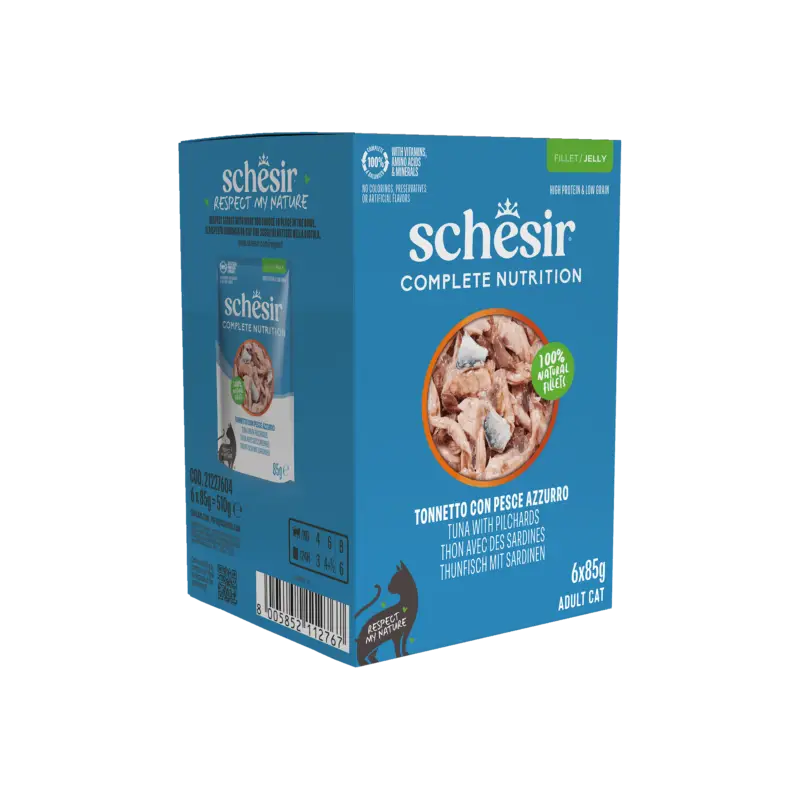 Quantité Limitée Schesir – Sachets Humides Thon et Sardines en Gel&eacute;e pour Chats – 6x85g
