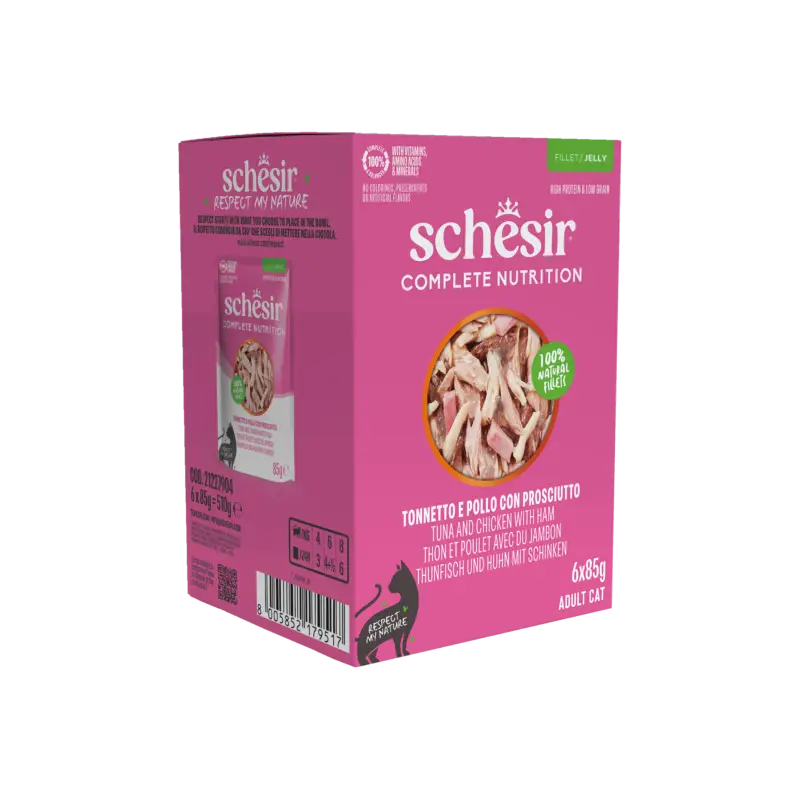 Vente Directe Schesir – Sachets Humides Thon Poulet et Jambon en Gel&eacute;e pour Chats – 6x85g