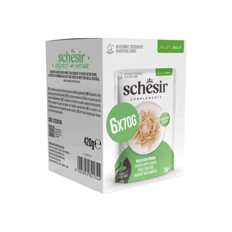 Schesir – Sachets Humides Poulet avec Bar en Gel&eacute;e – 6x70g Livraison Express