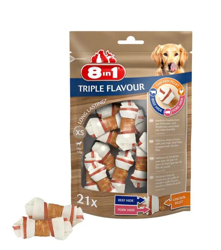 8in1 – Friandises Os &agrave; M&acirc;cher Triple Flavour pour Chien Commander Maintenant