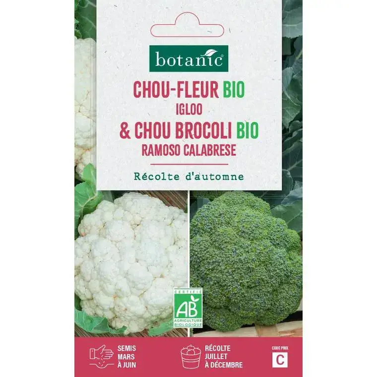 Solde Mélange de graines chou-fleur igloo bio et de chou brocoli ramoso calabrese bio botanic® - graines à semer