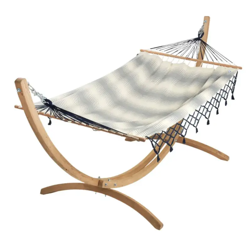 Retour Gratuit Set support et hamac EsKapade coloris rayé marine à franges bleues en bois et polypropylène Jobek Hamacs - 323 x 125 x 128 cm