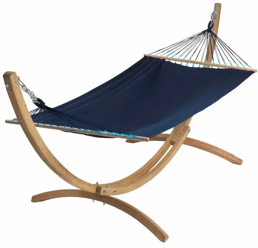 Commander Maintenant Set support et hamac EsKapade coloris bleu marine en bois et polypropylène certifié FSC® Jobek Hamacs – 323 x 125 x 128 cm
