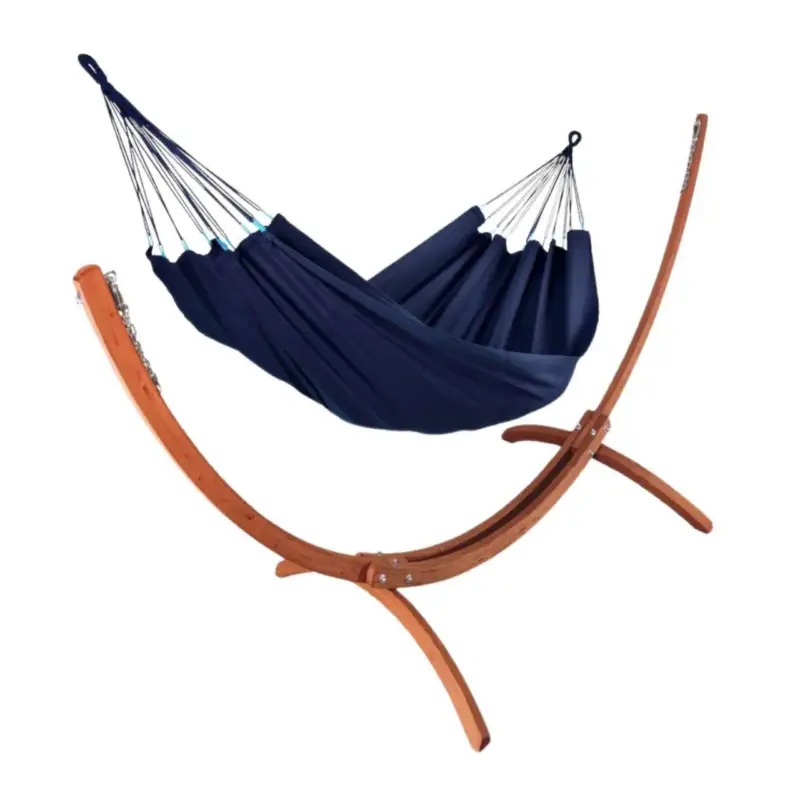 Set support et hamac Weekend coloris bleu marine en bois et polypropylène certifié FSC® Jobek Hamacs – 350 x 125 x 136,5 cm Produit De Marque