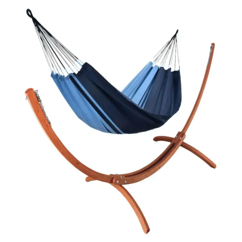 Must-Have Set support et hamac Weekend coloris bleu Caraïbes en bois et polypropylène certifié FSC® Jobek Hamacs – 350 x 125 x 136,5 cm