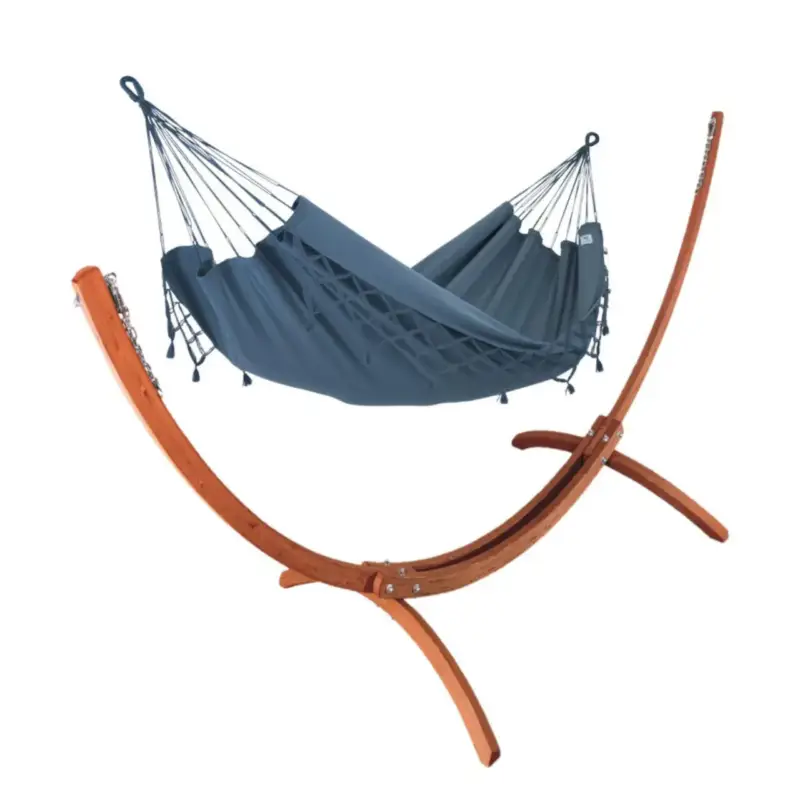 Set support et hamac Weekend coloris anthracite à franges en bois et polypropylène Jobek Hamacs - 350 x 125 x 136,5 cm Commande En Gros