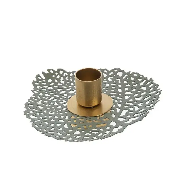 Commander Vite Porte-bougie forme feuille en métal vert et or - Ø 13 x 4 cm
