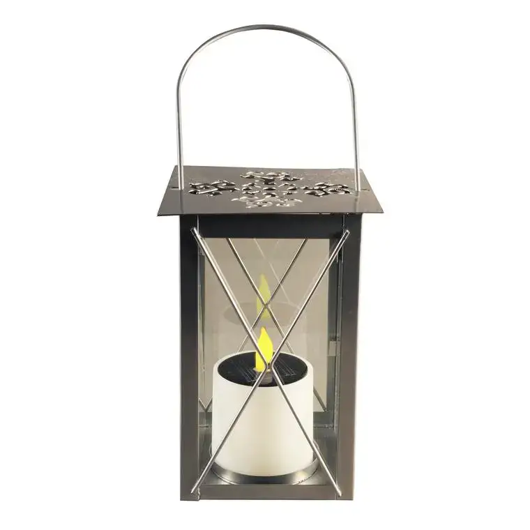Lanterne solaire carrée en métal argent à LED jaune 14,5x14,5x21 cm Expédié Aujourd'hui