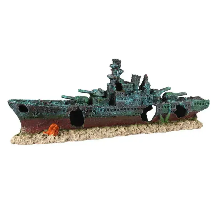 Dernière Chance Décor d&rsquo;aquarium navire de combat 2 coloris multicolore en résine de polyester – 47,5 x 9,5 x 17 cm